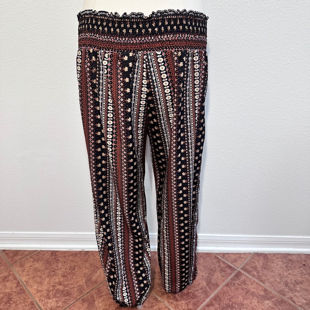 Balloon Leg Gypsy Indie Boho Pants Printed Casual Womens XL Black Brown Jogger